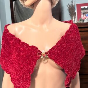 Handmade Red Knit Shawl with Bow Accent